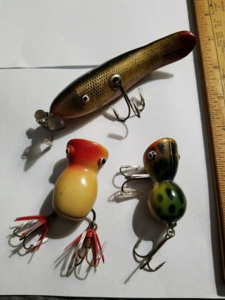 3 Vintage Bud Stewart Frogs & Minnow Antique Fishing Lures