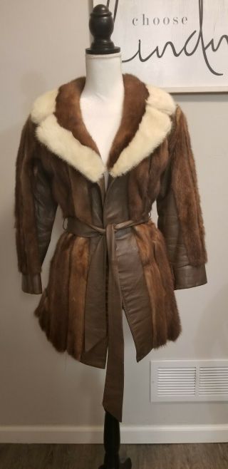 Vintage Womens Leather And Brown White Mink Coat With Belt Sz Small Donenfelds