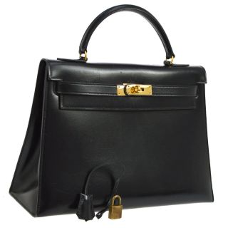 Authentic Hermes Kelly 32 Sellier Hand Bag Black Box Calf Vintage France S07807a