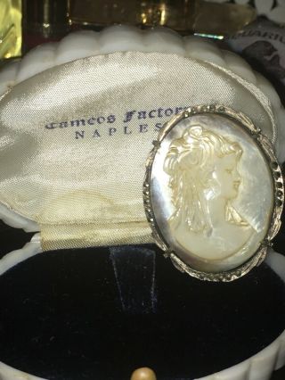 Vintage Sterling Silver Mother Of Pearl Cameo Brooch/pendant Box 40s