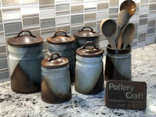 5pc Pottery Craft Usa Canister Set Vtg Hand Dipped Glaze Robert Maxwell