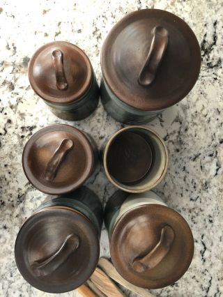 5pc Pottery Craft USA CANISTER SET vtg Hand Dipped Glaze Robert Maxwell 2