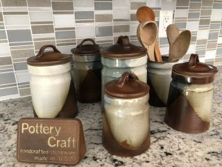 5pc Pottery Craft USA CANISTER SET vtg Hand Dipped Glaze Robert Maxwell 7