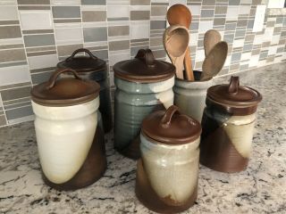 5pc Pottery Craft USA CANISTER SET vtg Hand Dipped Glaze Robert Maxwell 8