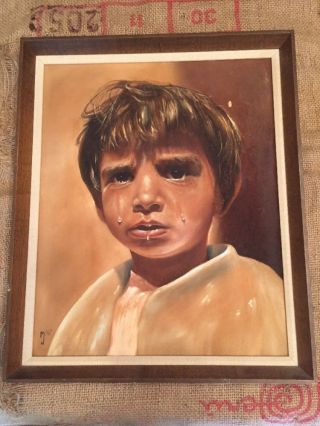 Vtg 1960s Mid Century Modern Crying Child Portrait Oil Painting Velvet Signed 67
