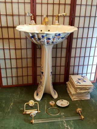 Vtg Sherle Wagner Bathroom Pedestal Sink Toilet Paper Holder Towel Bar Soap Tile