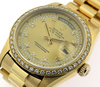 RARE Rolex President 18058 18k YG Watch Factory Diamond Bezel & String Dial 3