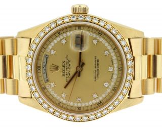 RARE Rolex President 18058 18k YG Watch Factory Diamond Bezel & String Dial 9