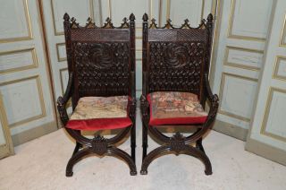 Antique French Gothic Arm Chairs Special Oak Model With Decorative Cushion