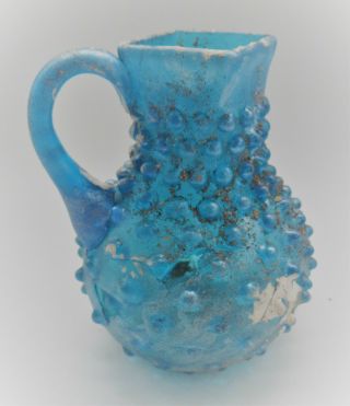 Ancient Roman Aqua Blue Glass Bulbous Vessel Has Some Damages And Restoration