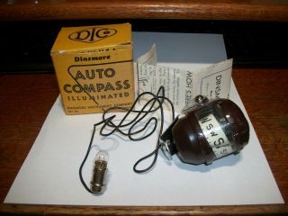 Vintage Dinsmore Illuminated Auto Compass Auto Brown & Instructions