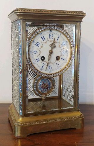 Antique French Crystal Regulator Clock - Cloisonne W/ Stunning Cut Glass Panels