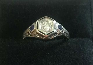 Estate Round Cut Diamond 14k White Gold Ring Art Deco Vintage Engagement