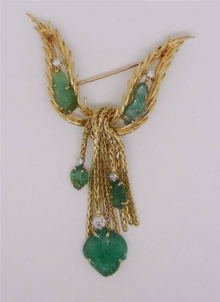 18k Yellow Gold Vintage Emerald And Diamond Brooch Pin - Circa 1930s - Lb0751