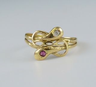 Antique 18k Yellow Gold Diamond & Ruby Gemstone Double Snake Ring