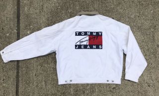 Rare Vintage 90s Tommy Hilfiger Denim Jacket Big Flag Patch Size Xl White