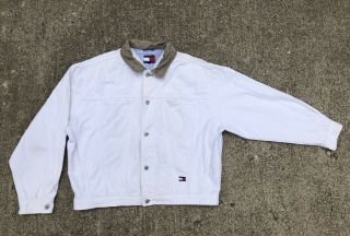 Rare Vintage 90s Tommy Hilfiger Denim Jacket Big Flag Patch Size XL White 2