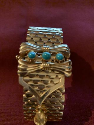 18 Karat Gold Slide Bracelet 3 Bezel Turqoise Cabochons Rare Unique Vintage 18k