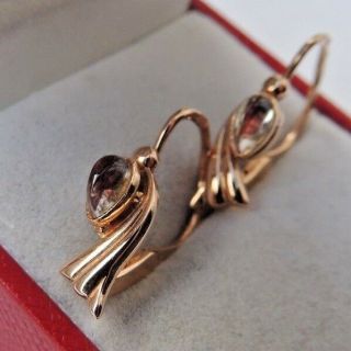 Vintage Soviet Russian 585,  14k Solid Rose Gold Earrings With Gemstone