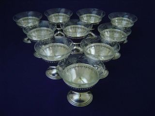 10 Vintage International Sterling Silver Etched Glass Sherbet Dessert Cups