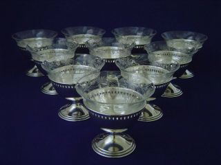 10 VINTAGE INTERNATIONAL STERLING SILVER ETCHED GLASS SHERBET DESSERT CUPS 2