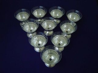 10 VINTAGE INTERNATIONAL STERLING SILVER ETCHED GLASS SHERBET DESSERT CUPS 3