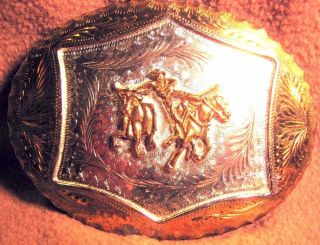 Vintage Heavy Hand Made & Engraved Cowboy Bull Dogging Belt Buckle