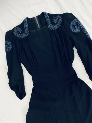 1940s Black And Blue Beaded Rayon Crepe Junior Dress