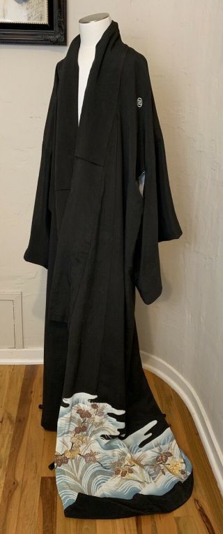 Vintage Large Kimono Silk Black With Gold & Blue Accent Japanese Robe