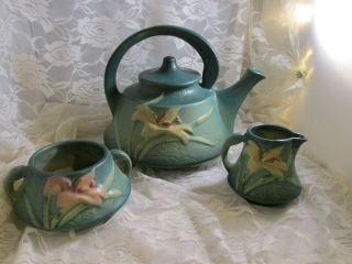 Vintage Roseville - 7 Zephyr Lily Teapot And Pitcher & Creamer In Green