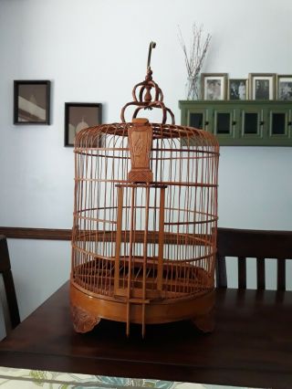 Vtg Chinese Asian Bamboo Bird Cage Round Carved Cranes 26 " Tall With Tray Pagoda
