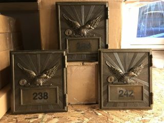 3 Vintage Antique Brass Post Office Mail Box Doors W/hinge And Key,  Eagle