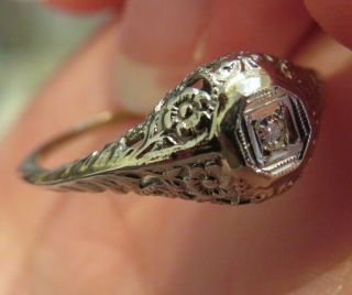 14k Antique Vintage Art Deco Floral Filigree Old Cut Diamond Engagement Ring