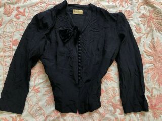 Vintage 1940s Black Crepe Rayon Blouse Too Soutache Silk Velvet Bow Size L 1930s