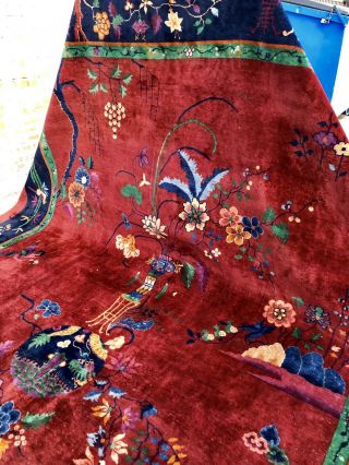 Auth: Antique Art Deco Chinese Rug Nichols Red Modernism Masterpiece 10x14 Nr
