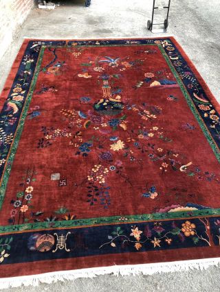 Auth: Antique Art Deco Chinese Rug Nichols Red Modernism Masterpiece 10x14 NR 6