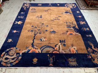 Auth: 30s Antique Art Deco Chinese Rug Dragon Beauty Butterscotch 8x10 Nr