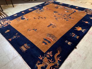 Auth: 30s Antique Art Deco Chinese Rug Dragon Beauty Butterscotch 8x10 NR 5
