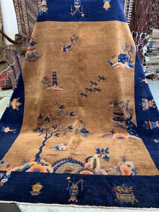 Auth: 30s Antique Art Deco Chinese Rug Dragon Beauty Butterscotch 8x10 NR 7