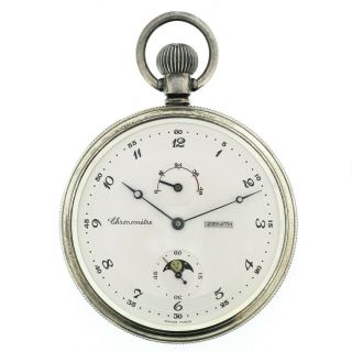 Rare Zenith Silver Deck Marine Moonphase Pocket Watch Ship Chronometer Cal.  5011k