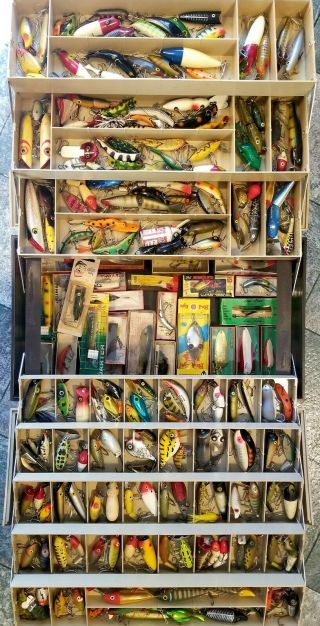 Huge Vintage 8 - Tray Tackle Box,  200,  Old Fishing Lures,  27 Boxes,  Nr