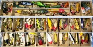 Huge Vintage 8 - Tray Tackle Box,  200,  Old Fishing Lures,  27 Boxes,  NR 3