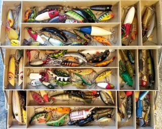 Huge Vintage 8 - Tray Tackle Box,  200,  Old Fishing Lures,  27 Boxes,  NR 6