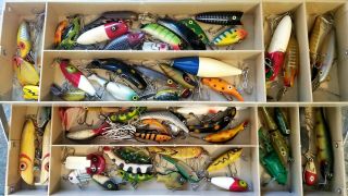 Huge Vintage 8 - Tray Tackle Box,  200,  Old Fishing Lures,  27 Boxes,  NR 7