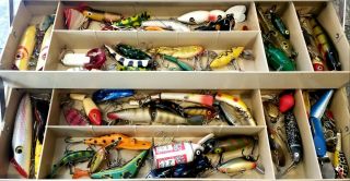 Huge Vintage 8 - Tray Tackle Box,  200,  Old Fishing Lures,  27 Boxes,  NR 8