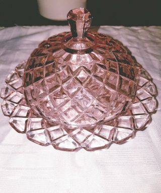 Vintage Glass Covered Round Butter Dish With Lid / Dome Waterford Waffle/ Pink