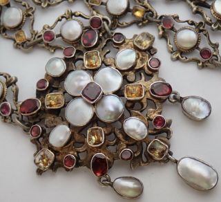Rare Antique Austro Hungarian Gilt 800 Fine Silver Pearl Garnet Citrine Necklace