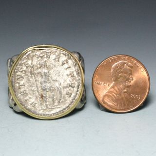 Ancient Roman Empire Coin Ring,  Sterling Silver With 18k Gold Bezel,  Size 11