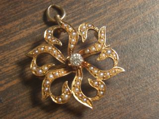 Antique Victorian 14k Gold Starburst Flower Pin Pendant Diamond & Seed Pearls