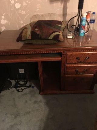 L - Shaped Heavy Wooden Desk With Glass Top And Drawers 6